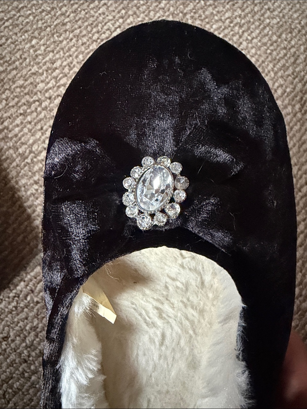 Black Faux Fur-Lined Velvet Ballet Slippers with Crystal Accent - Picture 4 of 4